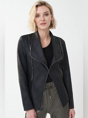 JOSEPH RIBKOFF NEW T BLACK LEATHER EFFECT BIKER JACKET 223913